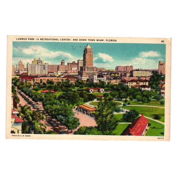 Lummus Park Downtown Miami Florida 1937 Linen Postcard Vintage Tichnor Stamp - Picture 1 of 2